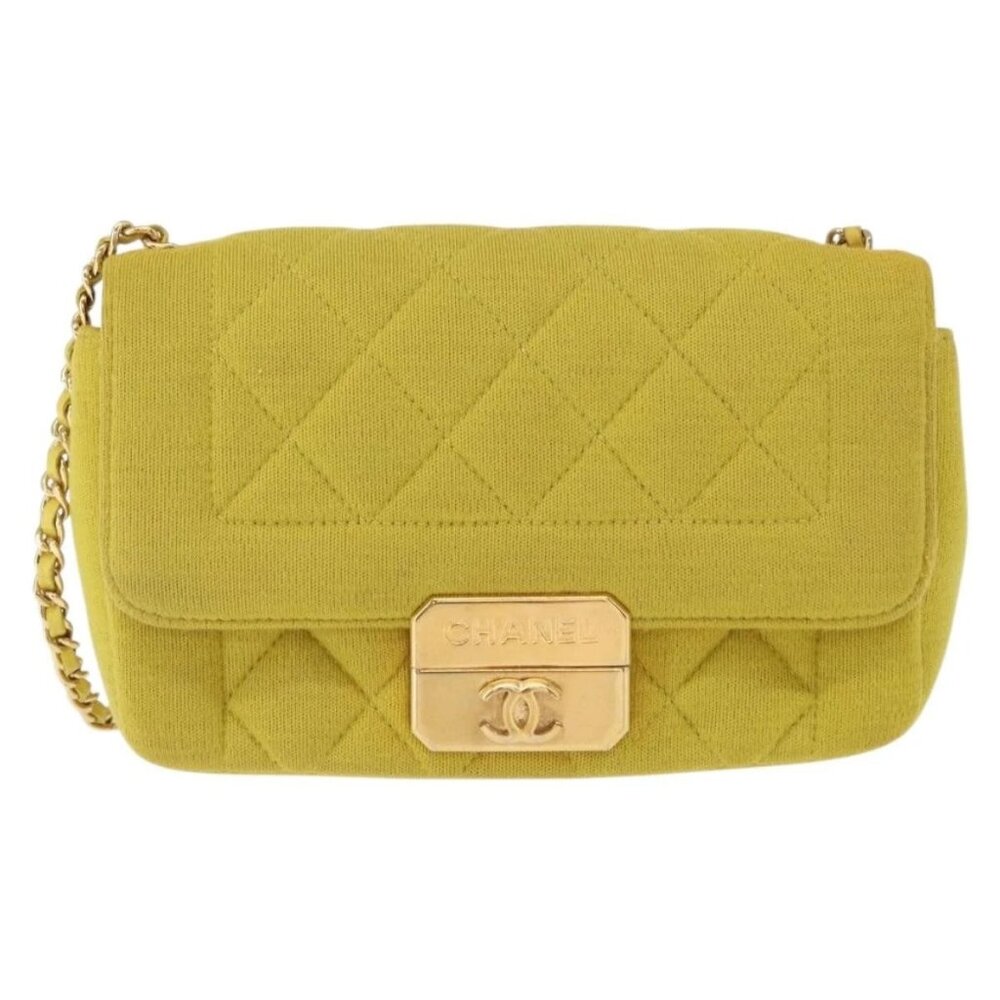 CHANEL Matelasse Chain Shoulder Bag Cotton Yellow Gold CC Auth 156510V - Picture 2 of 16